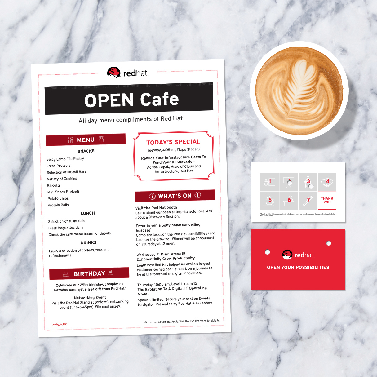Marketing collateral designed by Mind Methods for Red Hat exhibition stand